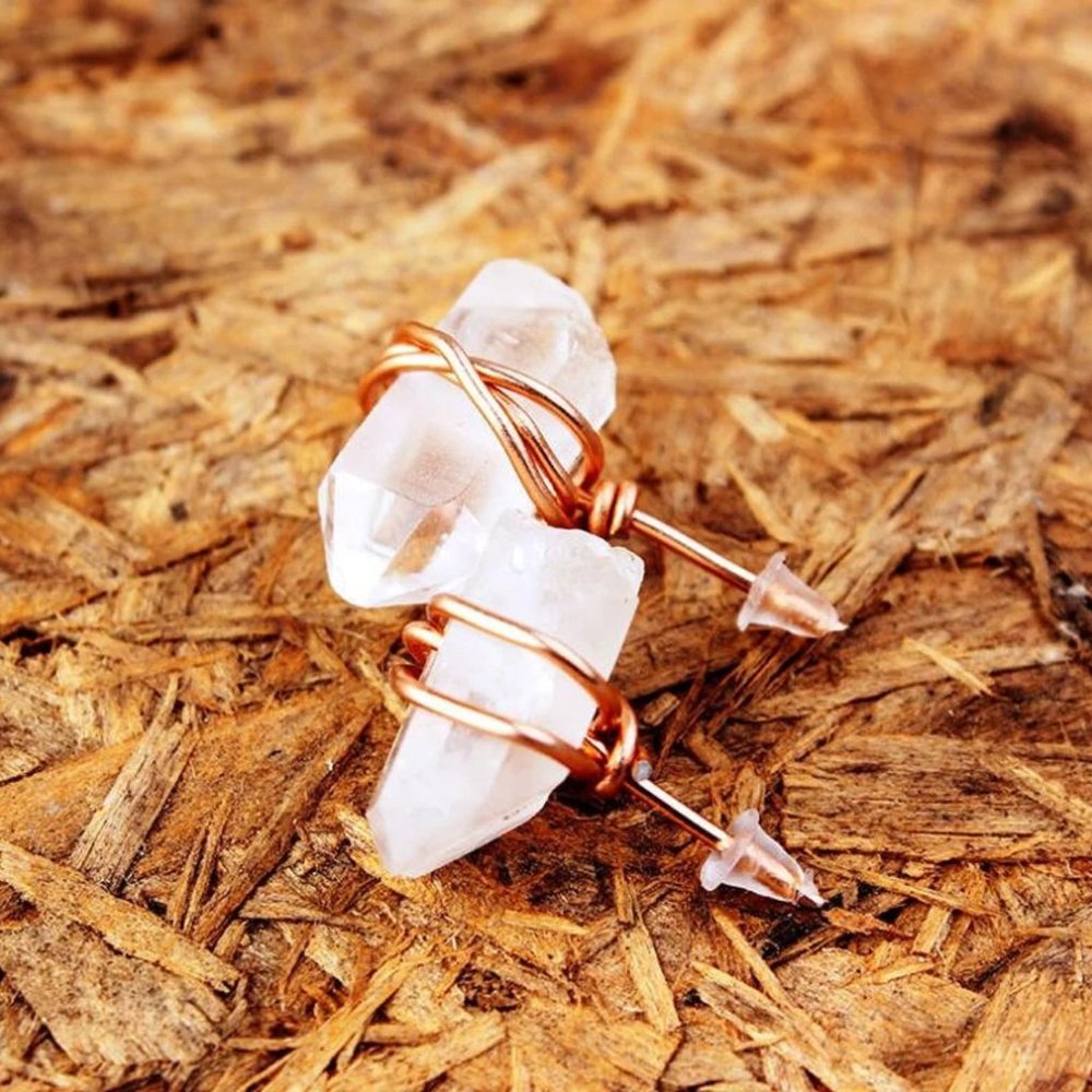 Natural Raw Clear Quartz Crystal Wire Wrapped Earrings for Spiritual Healing